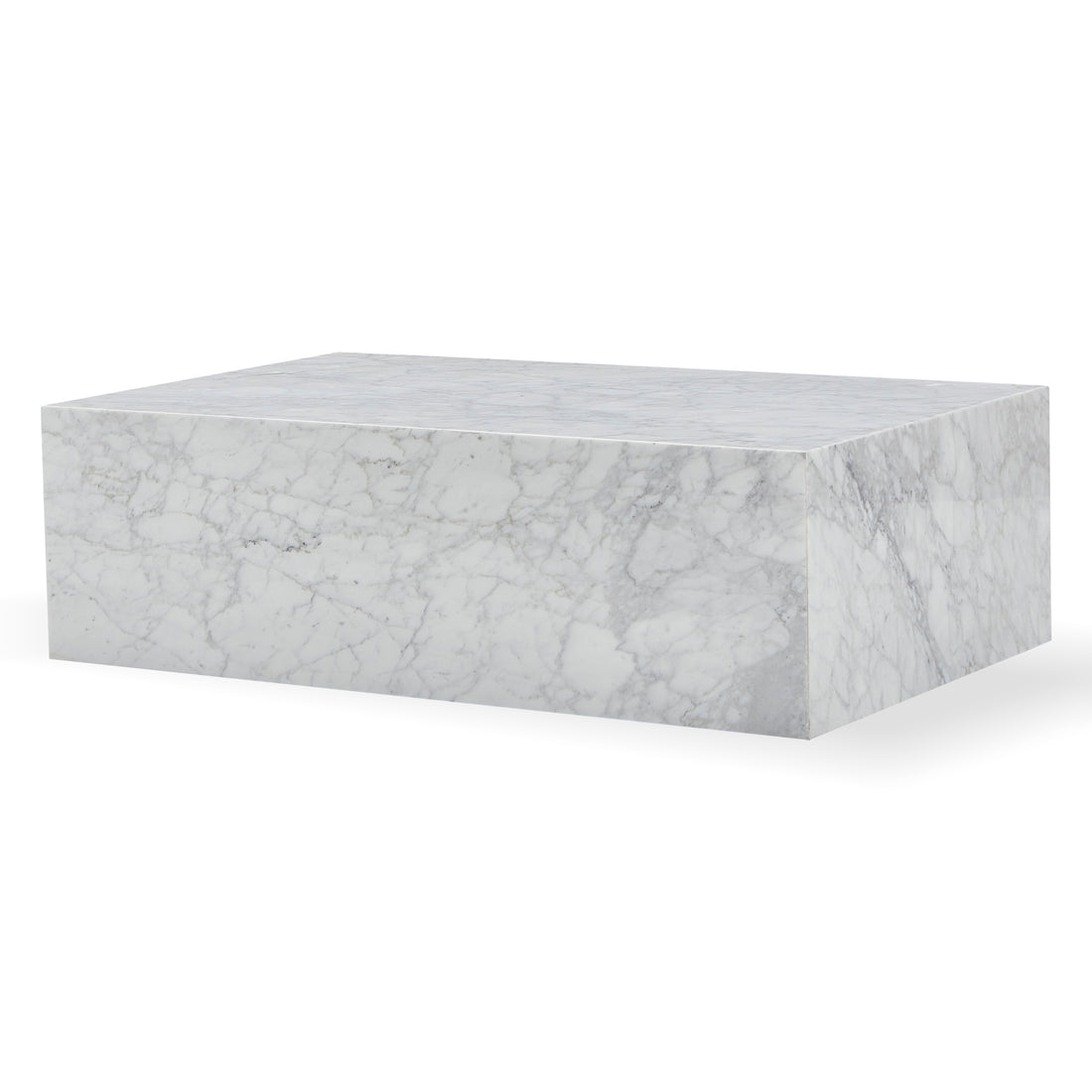 Solene 100cm Coffee Table in Carrara features a sleek, low-profile white marble slab with unique gray veining, embodying effortless elegance and sophistication, perfect for enhancing any modern living space.