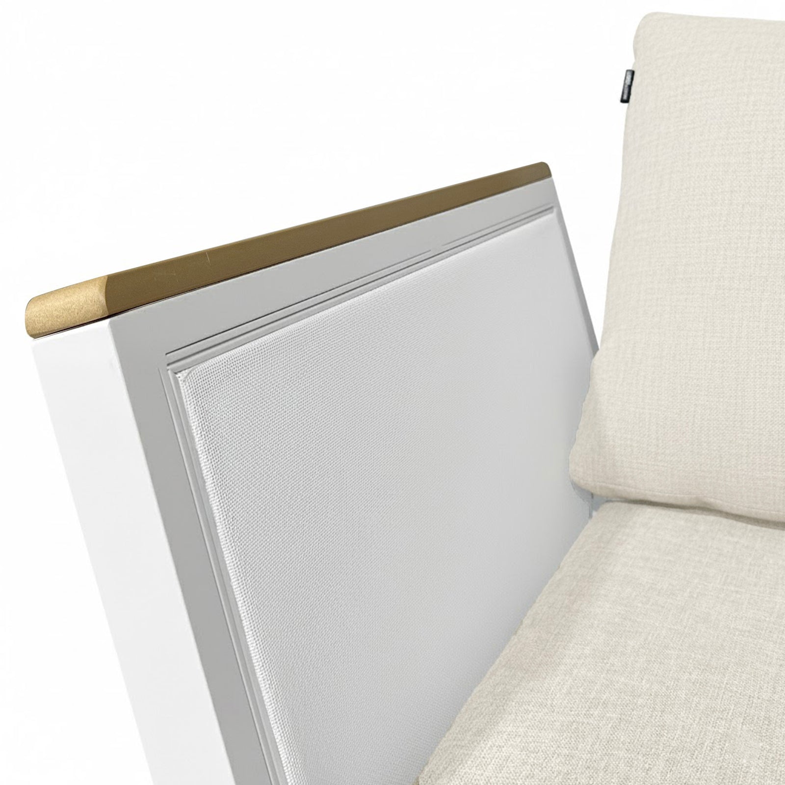 Close-up of Sierra Outdoor Lounge Set in Beige, showcasing a white lacquered frame with brass accent and plush cream-beige cushion, epitomizing modern elegance and outdoor comfort.