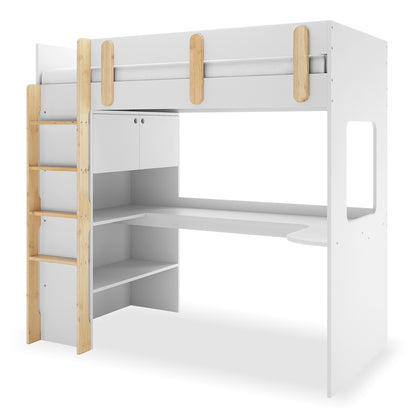Hann Kids Single Loft Bed Desk Storage in White and Natural features a white frame with wood-tone accents, integrated desk, open shelving, and storage cabinets beneath for efficient space use.