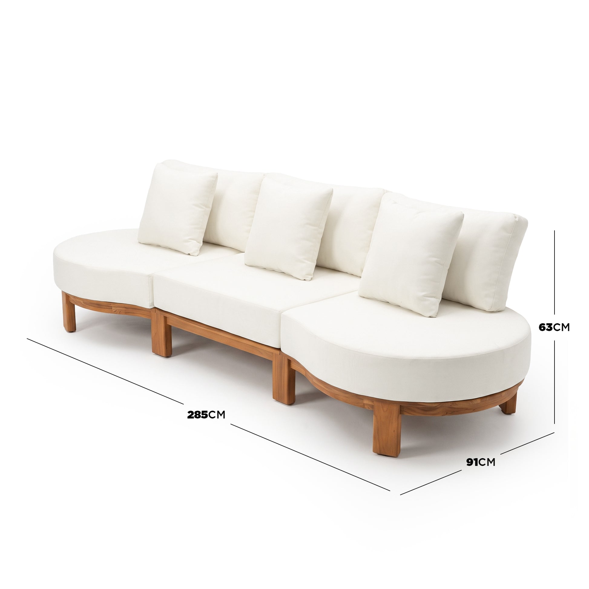 Modern three-seater curved sofa on white background with dimensions labeled.