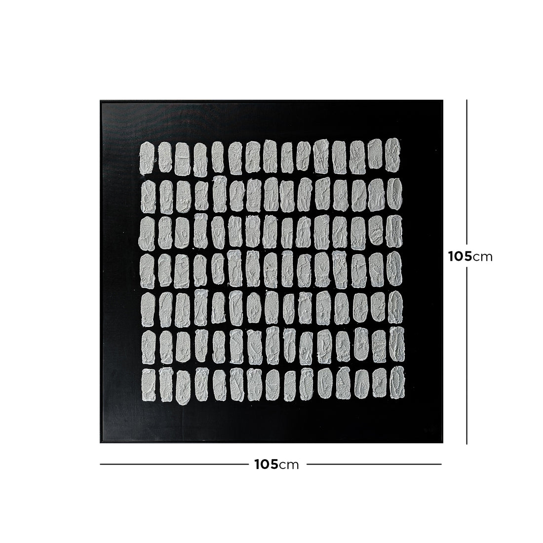 Elodie Framed Canvas Wall Art 105 x 105cm in Black features a black background with small, textured white marks arranged in a grid, framed in sleek black for a contemporary gallery feel.