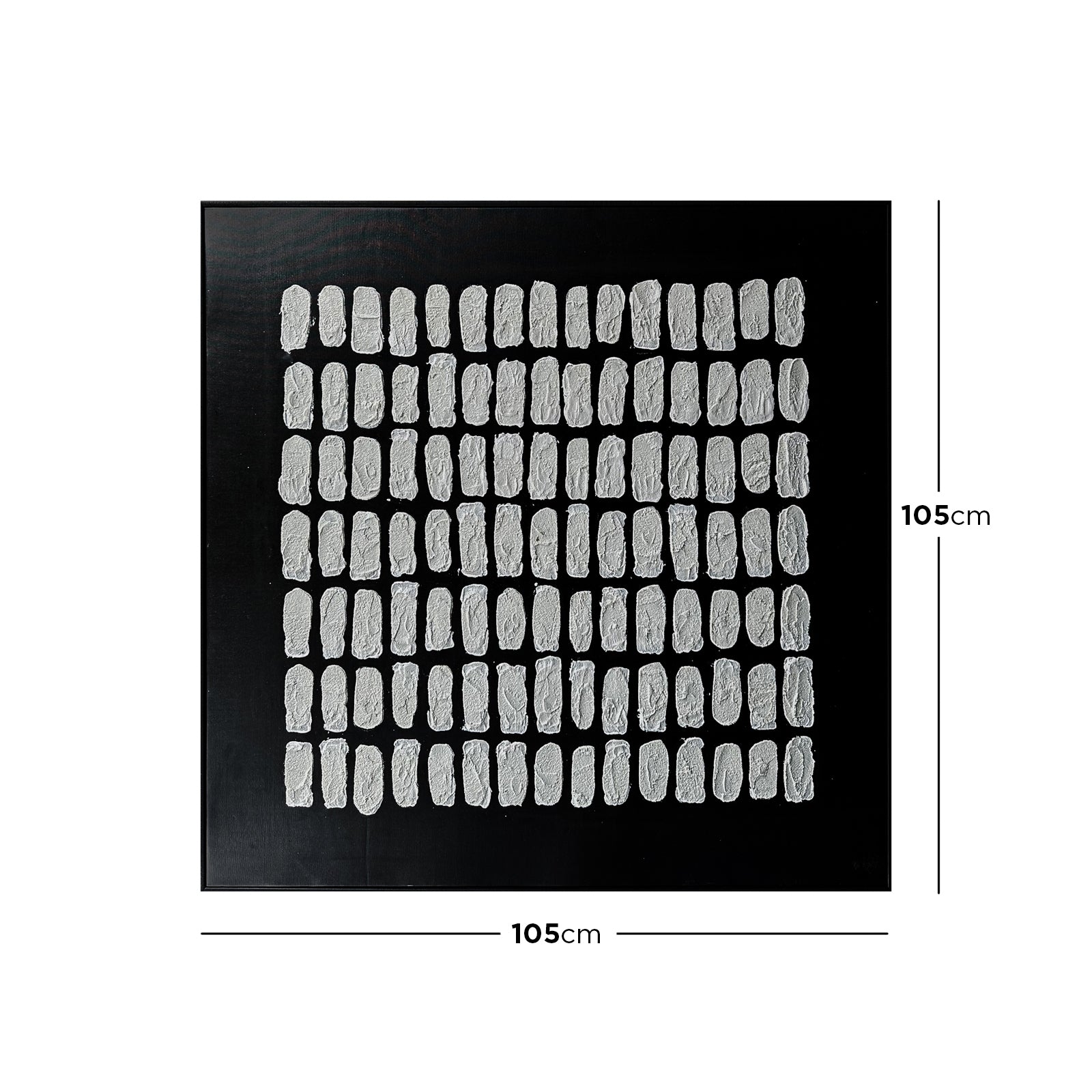 Elodie Framed Canvas Wall Art 105 x 105cm in Black features a black background with small, textured white marks arranged in a grid, framed in sleek black for a contemporary gallery feel.