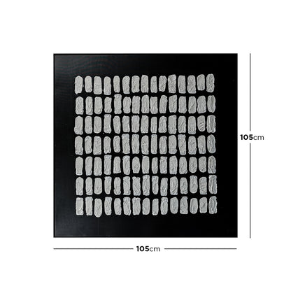 Elodie Framed Canvas Wall Art 105 x 105cm in Black features a black background with small, textured white marks arranged in a grid, framed in sleek black for a contemporary gallery feel.