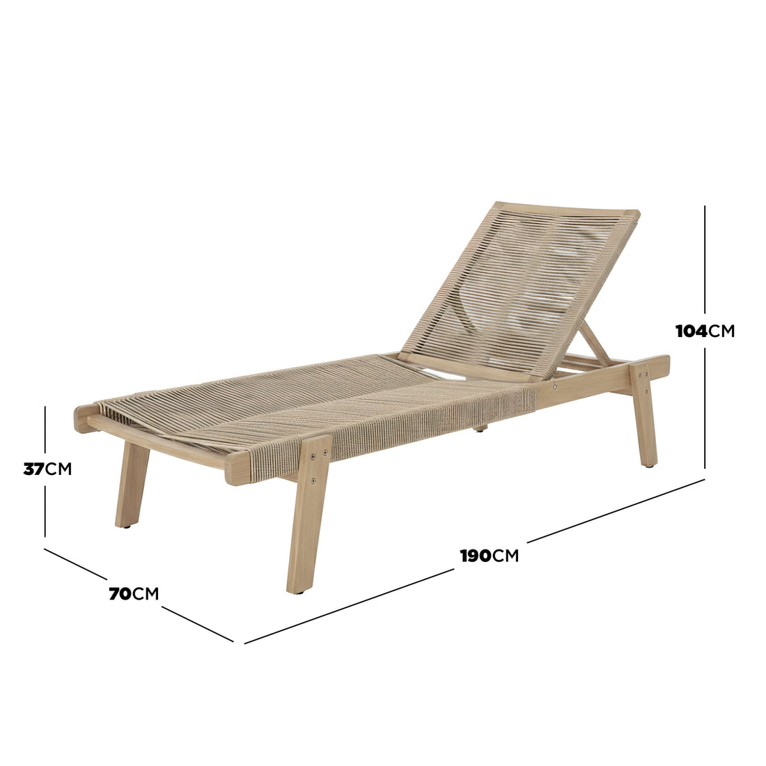 Aureli Hardwood Acacia Reclining Sun Lounger with natural wood frame and woven cord seating, featuring adjustable backrest, solid construction, and sleek design, ideal for outdoor relaxation.