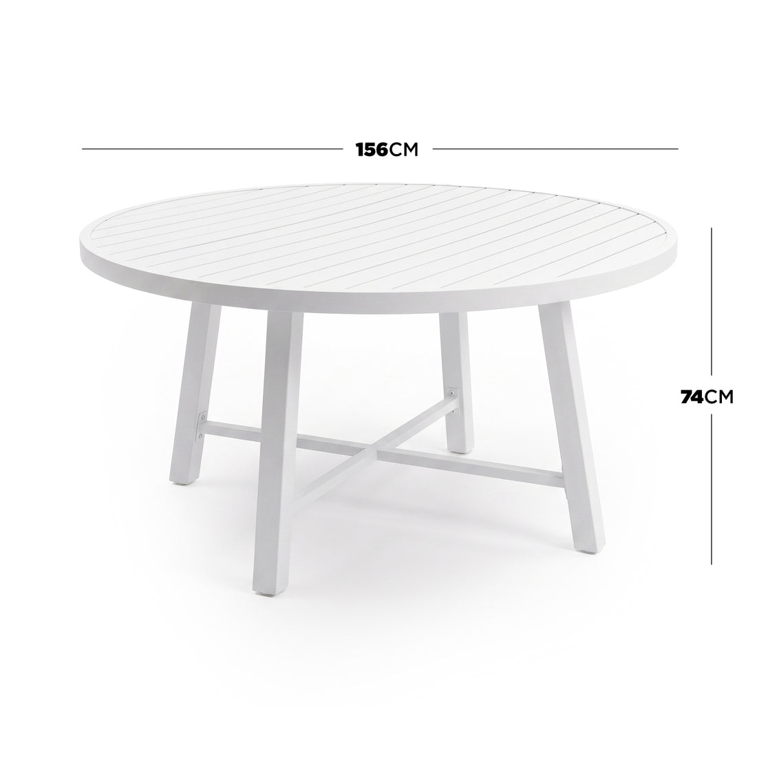 Round white table with labeled dimensions 156 cm diameter and 74 cm height