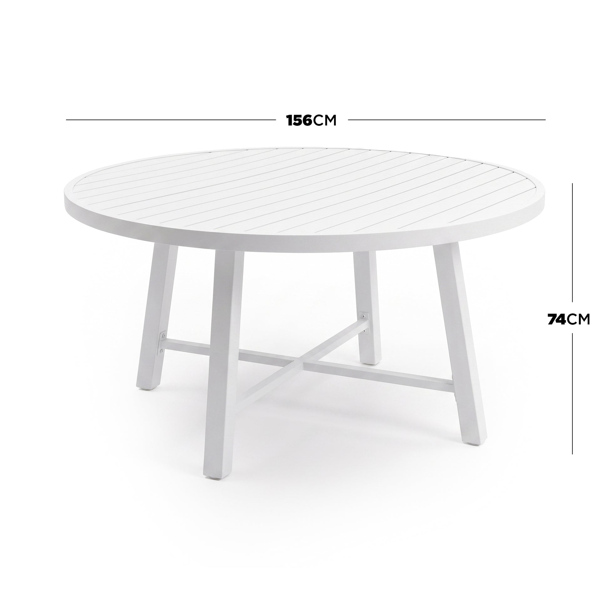 Round white table with labeled dimensions 156 cm diameter and 74 cm height
