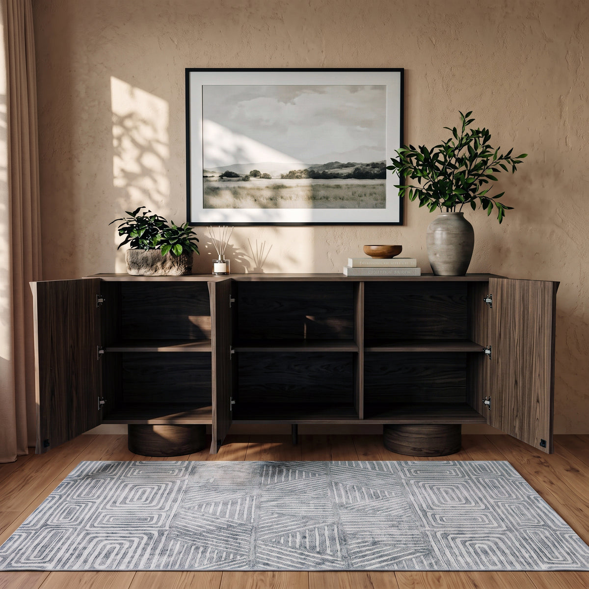 Open wooden sideboard in a styled living space showing interior shelves