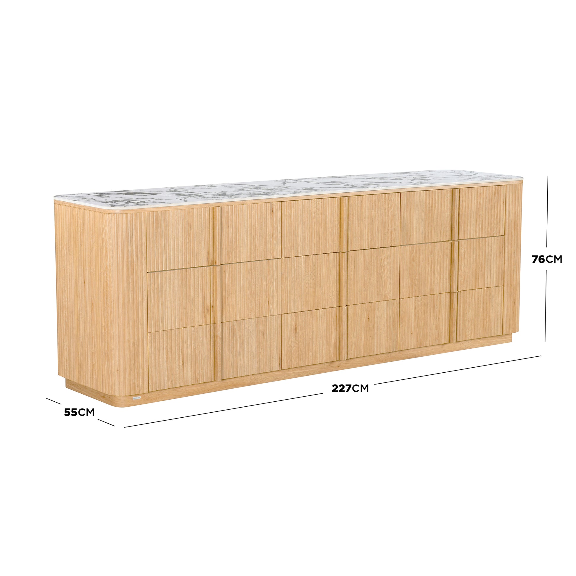 Sideboard on white background with labeled dimensions 76 cm high, 227 cm wide, and 55 cm deep