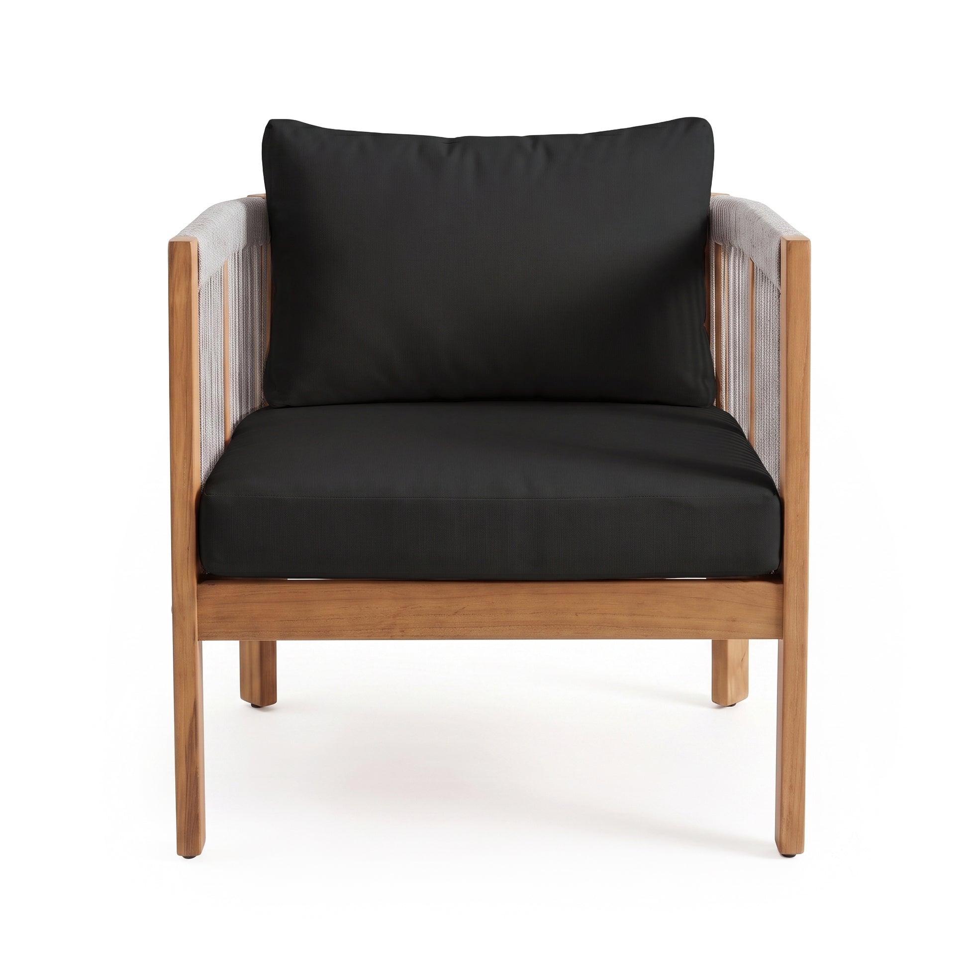 Modern lounge chair with wooden frame and black cushions on a white background