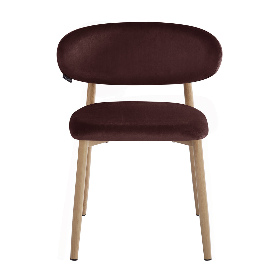Audrey Fabric Dining Chair Set of 2 in Dark Plum features a sleek, minimalist design with a padded backrest and seat in deep burgundy fabric, complemented by light wood-look legs with black caps.