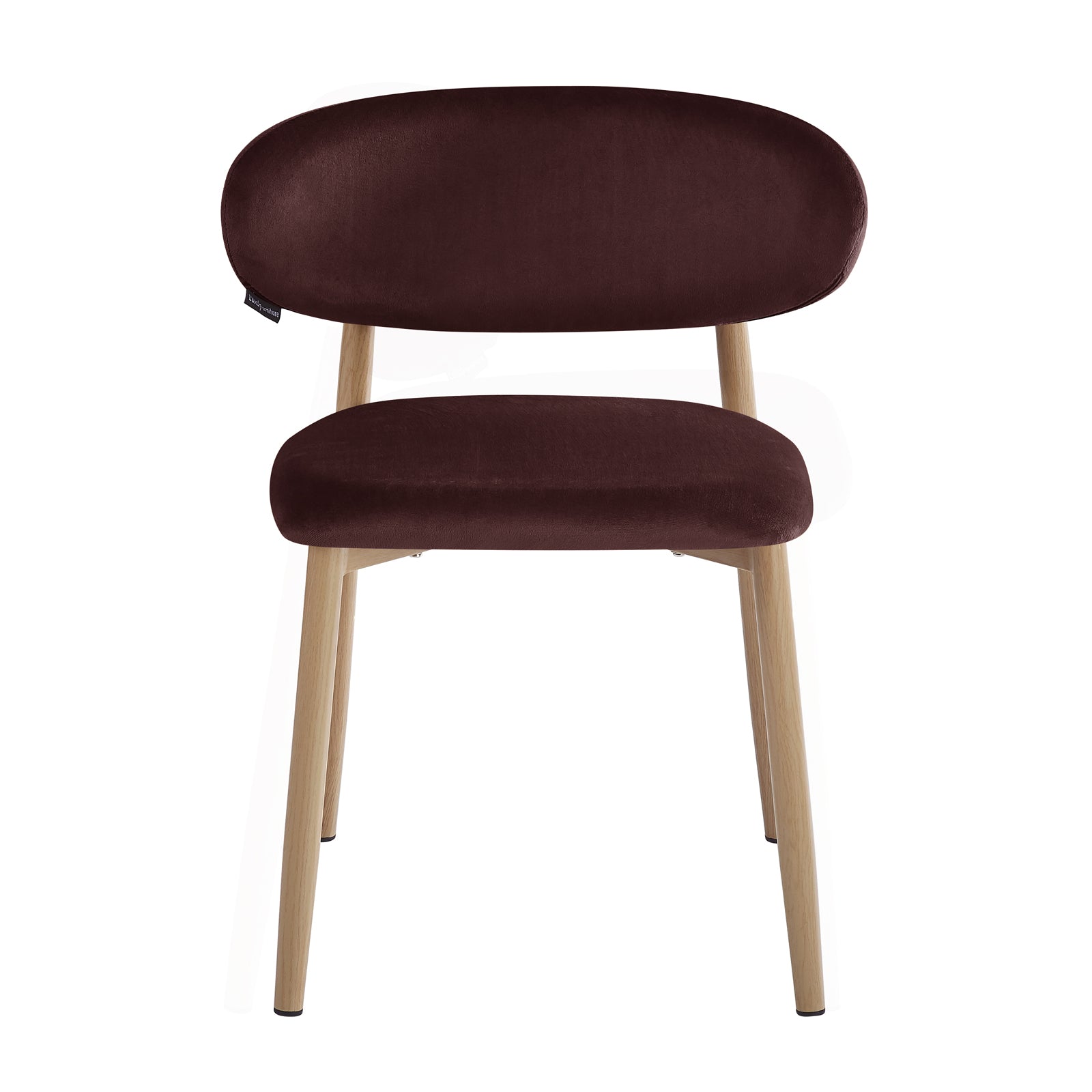 Audrey Fabric Dining Chair Set of 2 in Dark Plum features a sleek, minimalist design with a padded backrest and seat in deep burgundy fabric, complemented by light wood-look legs with black caps.