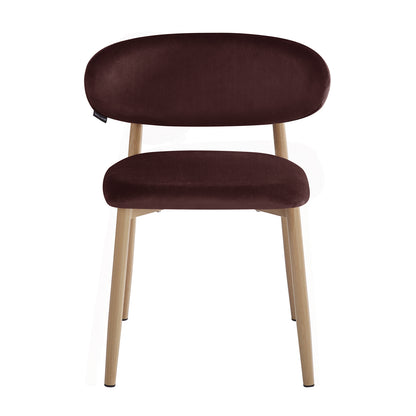 Audrey Fabric Dining Chair Set of 2 in Dark Plum features a sleek, minimalist design with a padded backrest and seat in deep burgundy fabric, complemented by light wood-look legs with black caps.