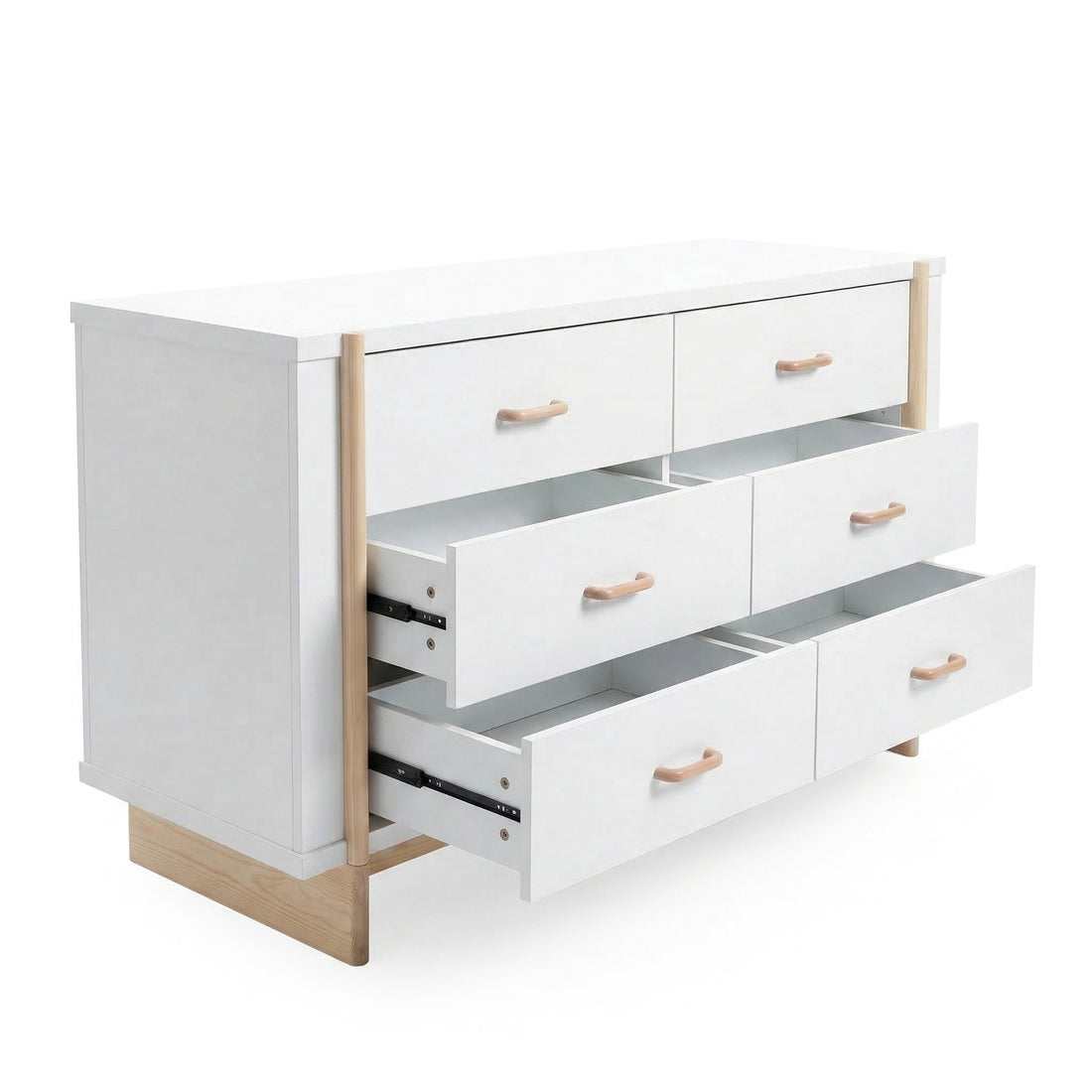 Modern dresser with partially open drawers on white background
