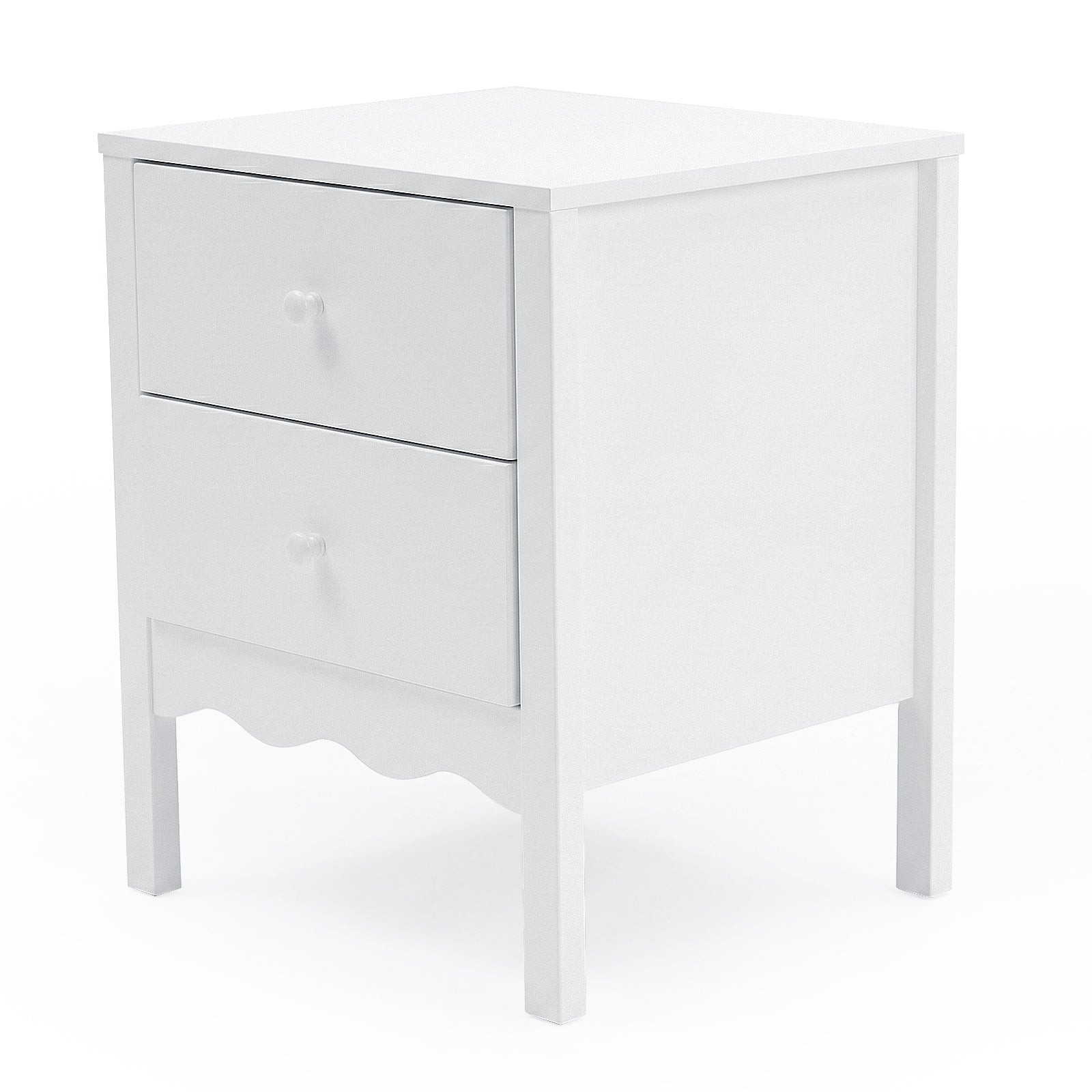 Small white nightstand with two drawers on a white background, full view