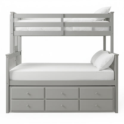 Front-facing grey bunk bed with twin top, full bottom, and under-bed drawers on white background