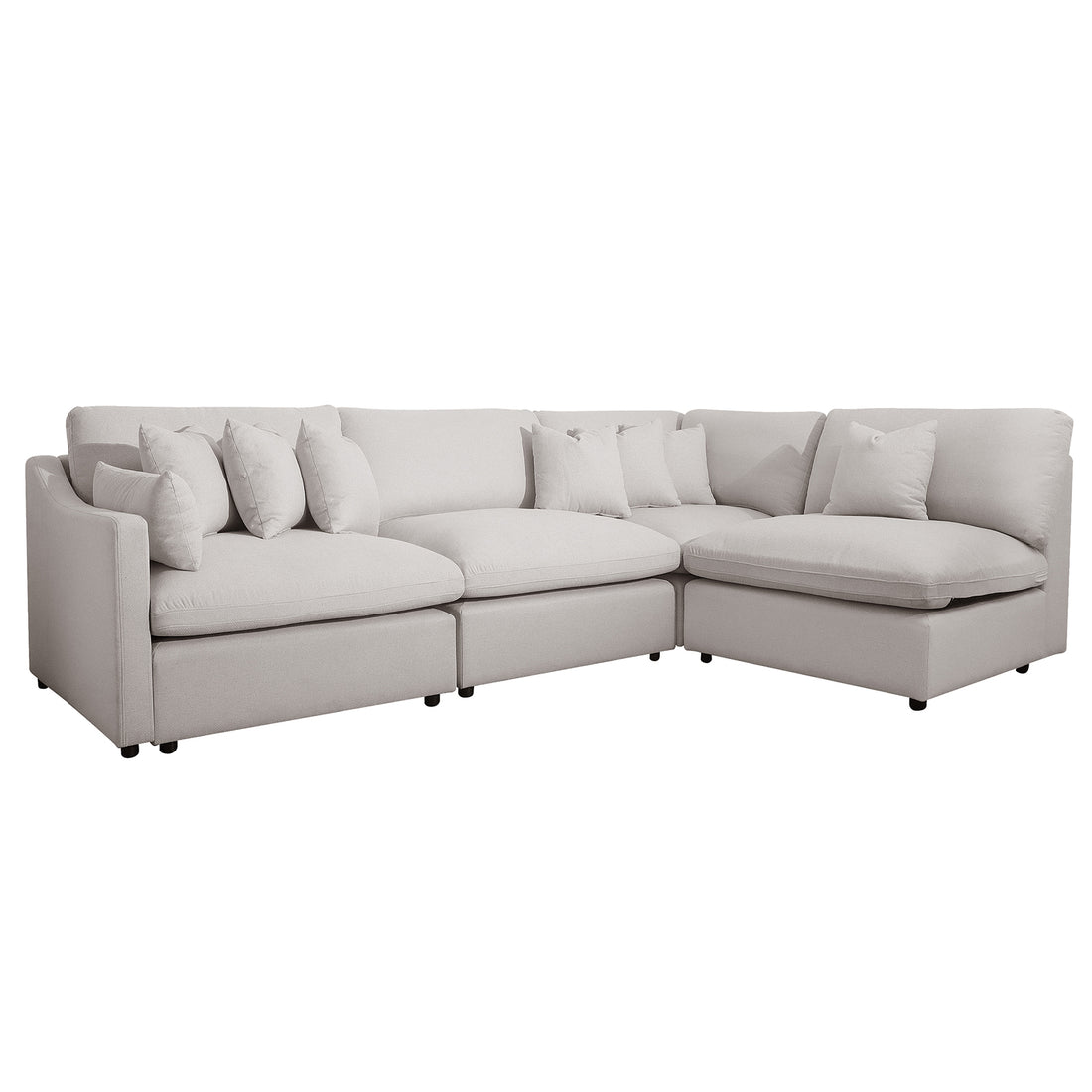 Light-colored sectional sofa on white background angled in three-quarter view.