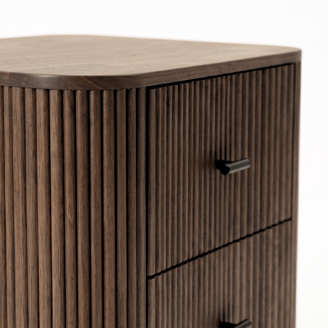 Close-up partial view of a wooden chest with vertical slats on a white background