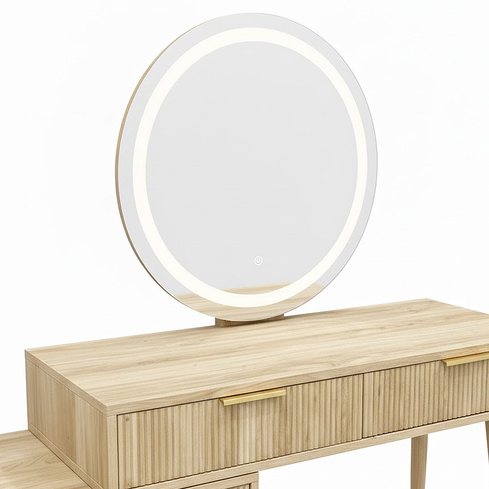 Serenity Dressing Table with Touch Screen Mirror in Natural, featuring a round LED mirror, light oak finish, two brass-handled drawers, and tapered legs, offers a sleek, modern beauty station.