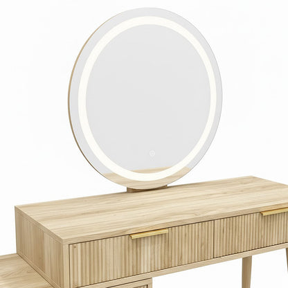 Serenity Dressing Table with Touch Screen Mirror in Natural, featuring a round LED mirror, light oak finish, two brass-handled drawers, and tapered legs, offers a sleek, modern beauty station.