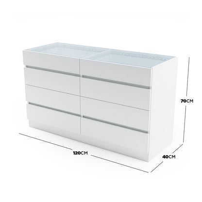 White six-drawer dresser with dimensions indicated (120cm x 70cm x 40cm) on white background