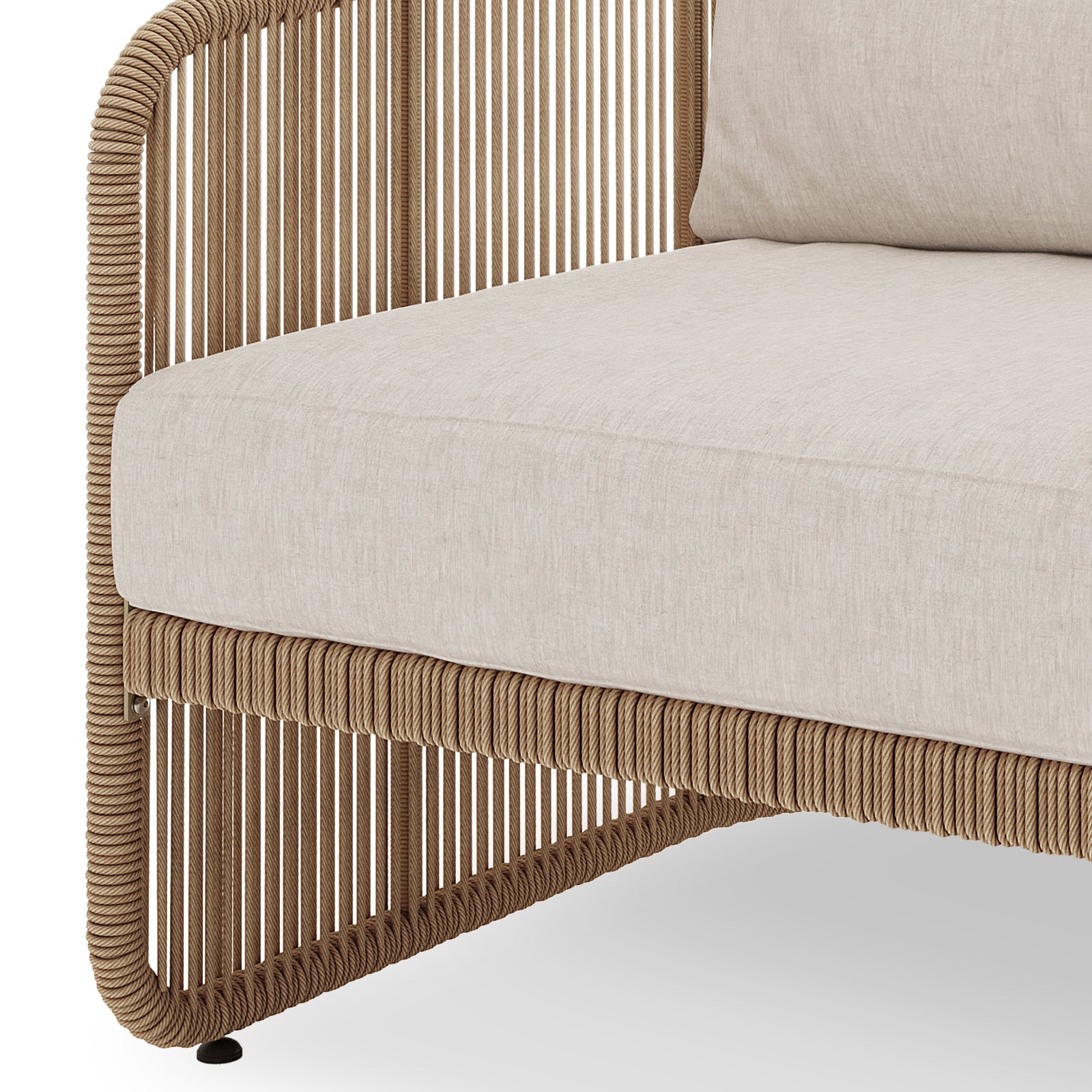 Close-up of the Solari 4 Seater Wicker Outdoor Sofa Set in Natural, featuring a tubular frame wrapped in rope and topped with a thick, upholstered cushion for cozy lounging.