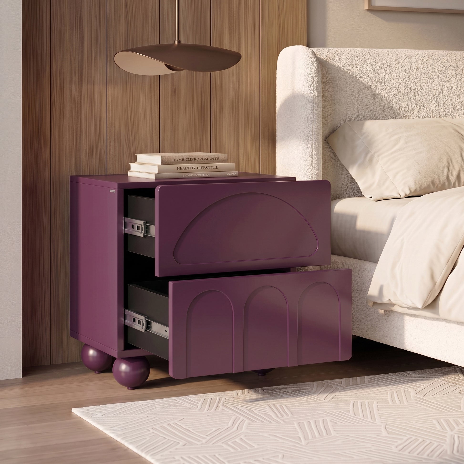 Purple nightstand with partially open drawers in a modern bedroom