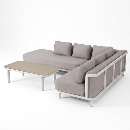 Sectional outdoor sofa with chaise lounge and matching coffee table on a white background.
