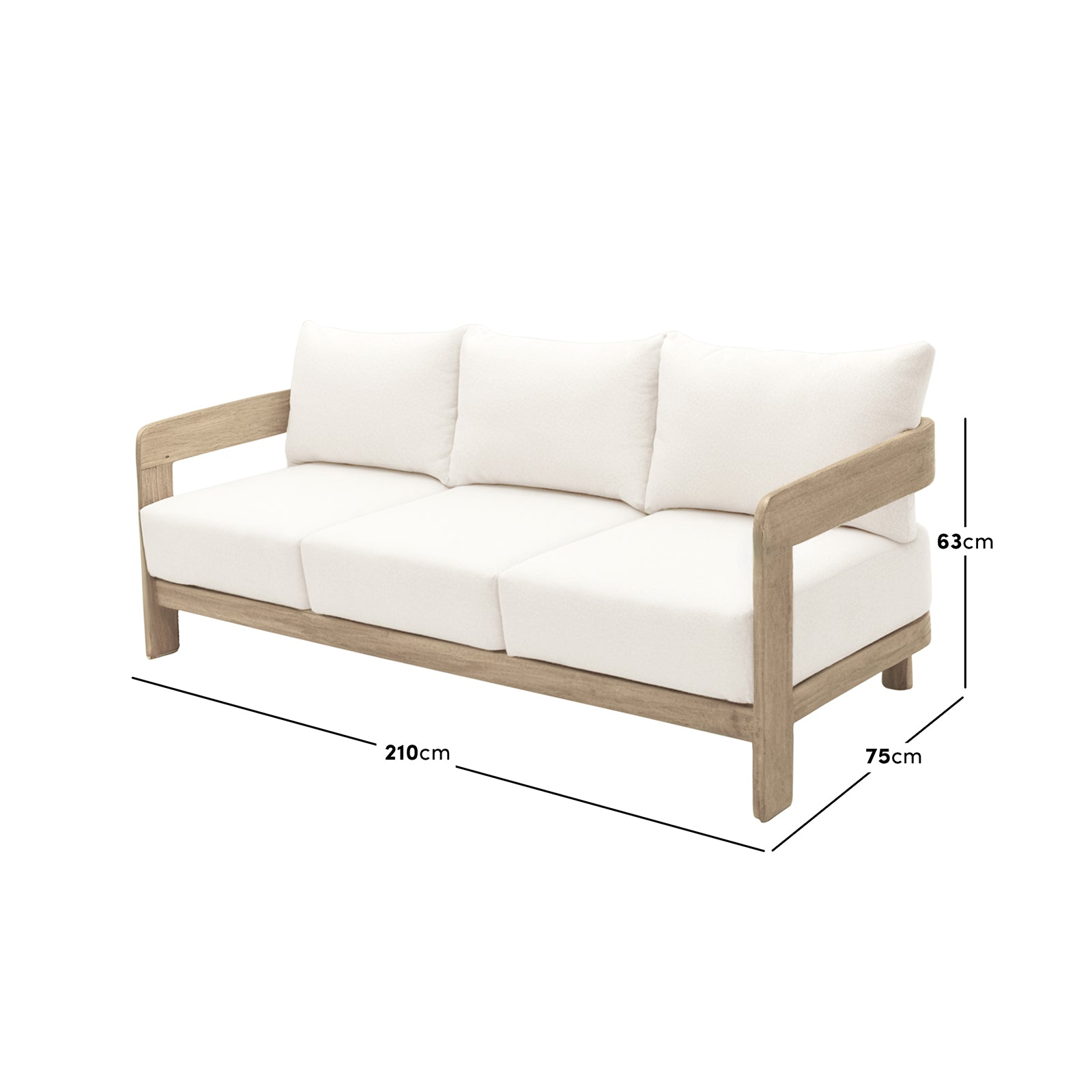 Elani 5 Seater Acacia Hardwood Outdoor Sofa Set in Cream features a light wood frame with white cushions, measuring 210 cm wide, 75 cm deep, and 63 cm tall, perfect for relaxed alfresco lounging.