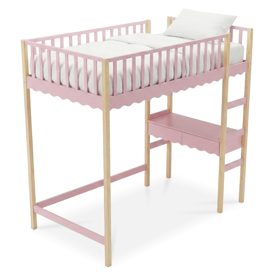 Entire pink and wood loft bed on white background
