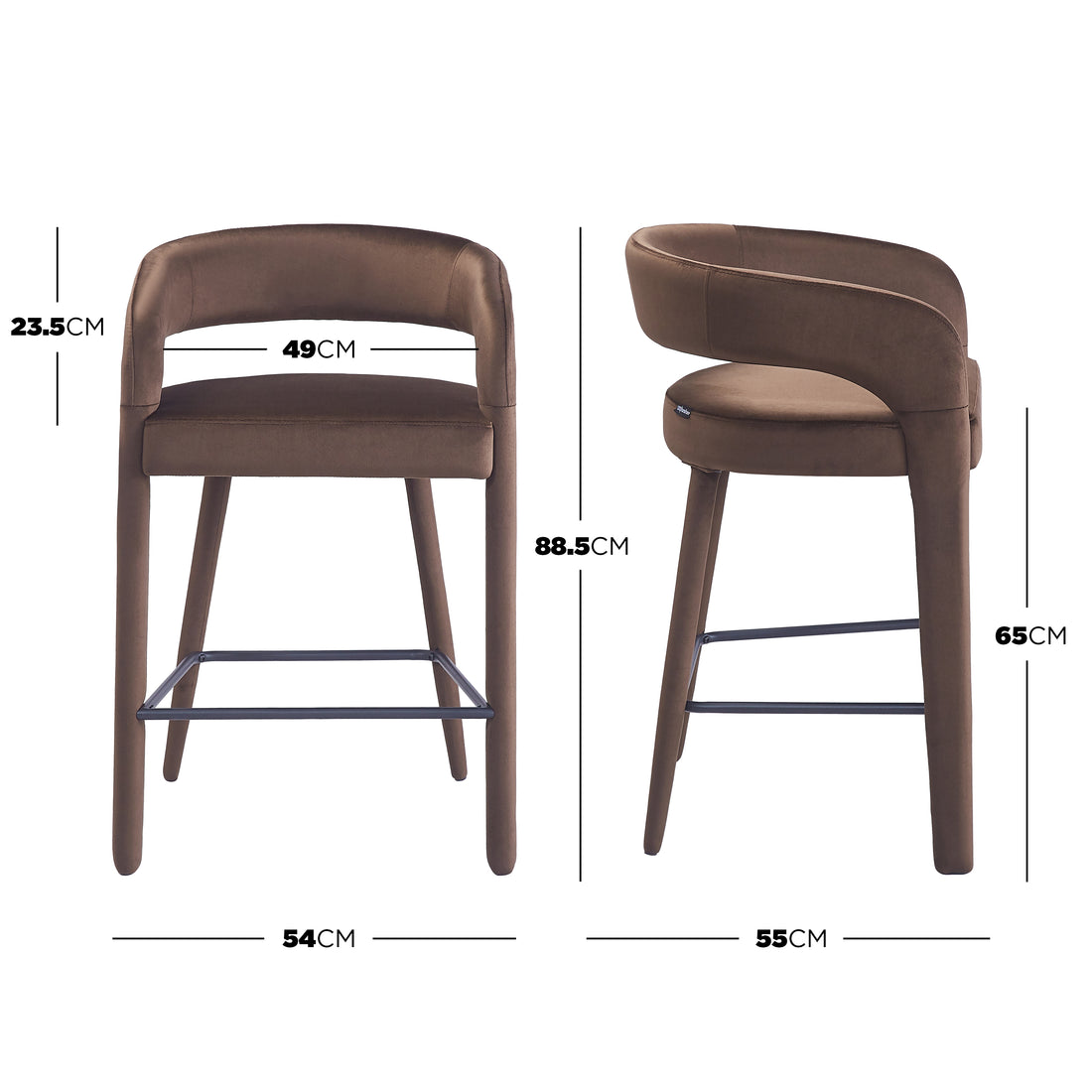 Brown upholstered bar stool on white background with dimension lines and measurements
