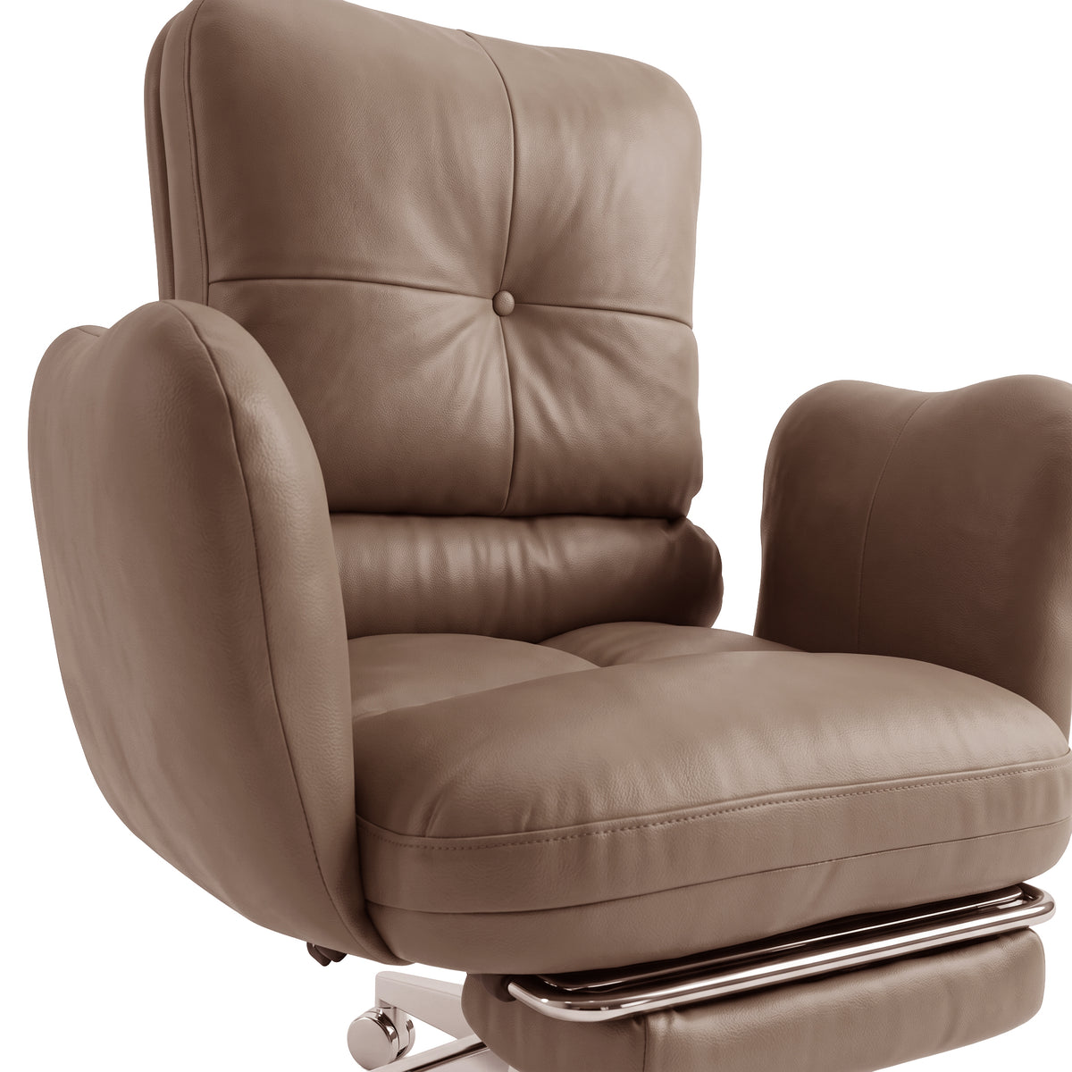 Taupe leather armchair with tufted high back and chrome base isolated on a white background