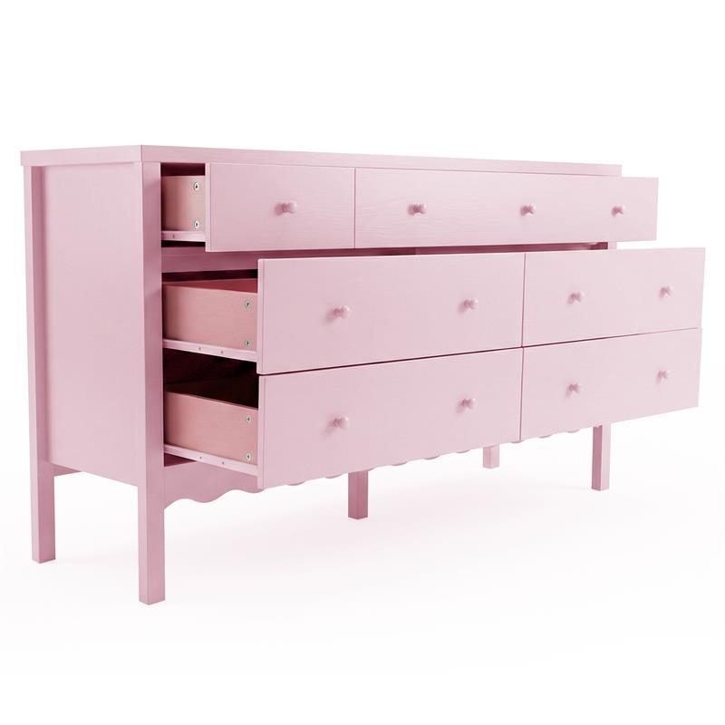 Pink dresser with eight drawers some partially open on white background