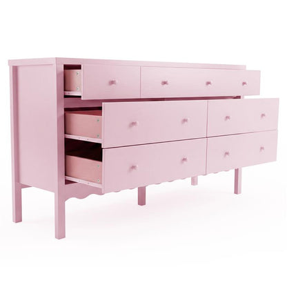 Pink dresser with eight drawers some partially open on white background