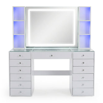 Modern white vanity table with illuminated mirror and side shelving on white background