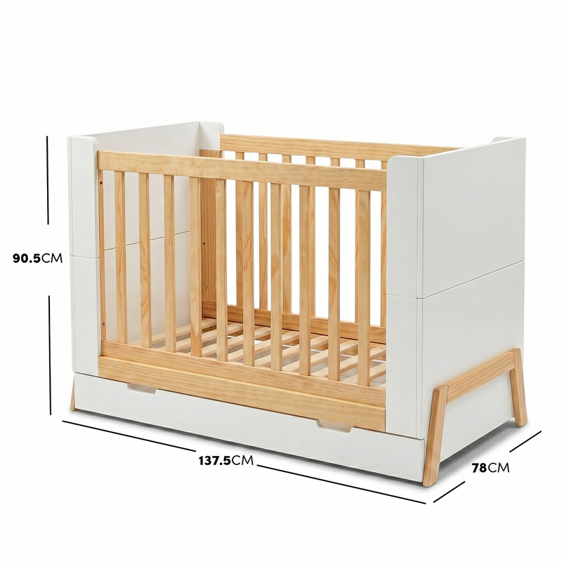 Baby crib front view with dimensions annotated