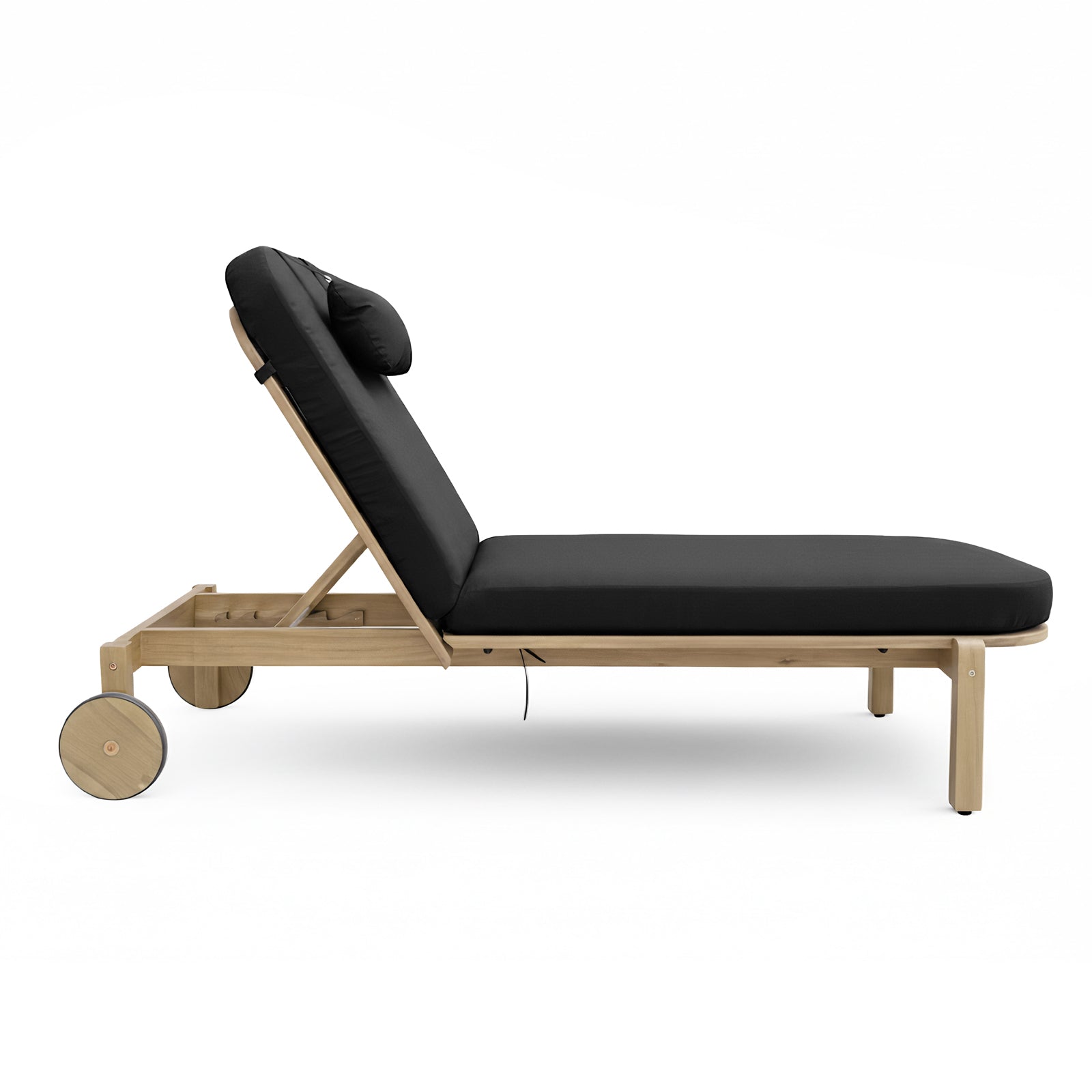 Zyra Hardwood Reclining Sun Lounger with Cushion in Black features a light wood frame, adjustable backrest, plush dark cushion, and built-in wheels for easy mobility, enhancing outdoor relaxation.