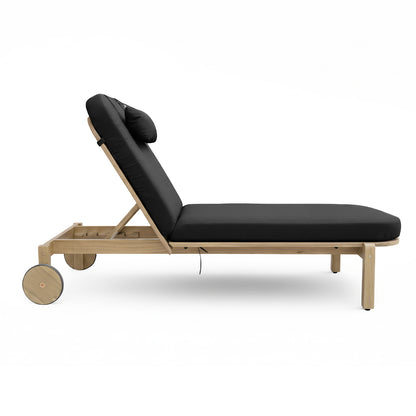 Zyra Hardwood Reclining Sun Lounger with Cushion in Black features a light wood frame, adjustable backrest, plush dark cushion, and built-in wheels for easy mobility, enhancing outdoor relaxation.