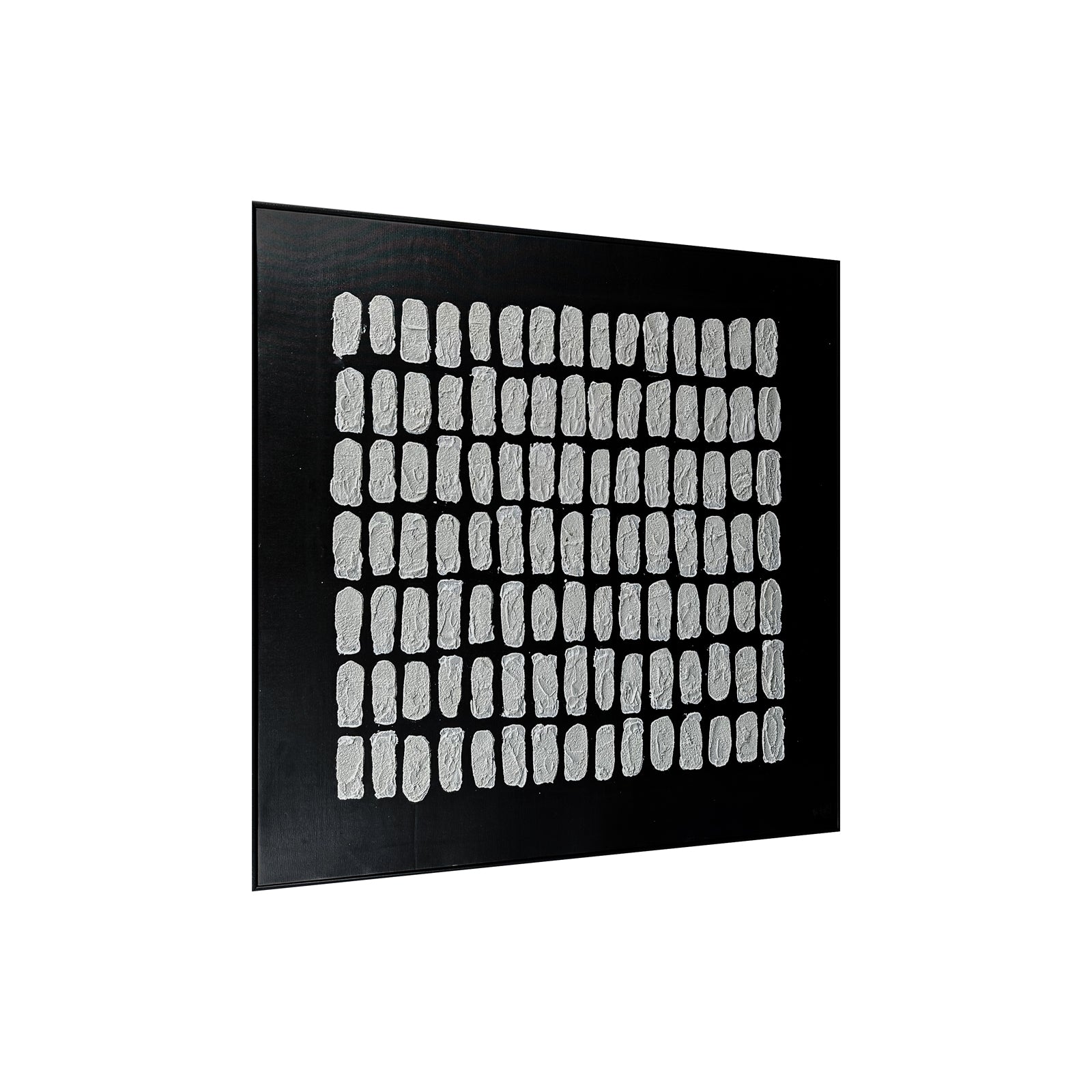 Elodie Framed Canvas Wall Art 105 x 105cm in Black showcases a grid of textured, fingerprint-like, off-white relief shapes on a black background, framed in sleek black, exuding modern elegance.