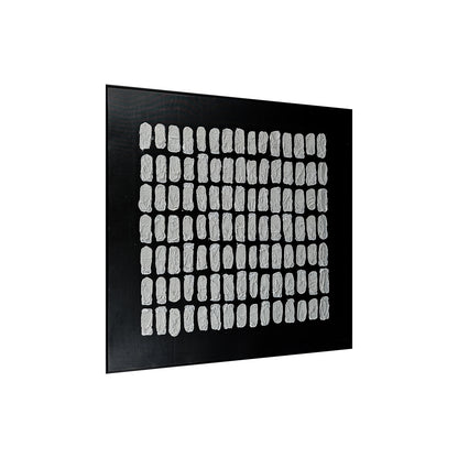 Elodie Framed Canvas Wall Art 105 x 105cm in Black showcases a grid of textured, fingerprint-like, off-white relief shapes on a black background, framed in sleek black, exuding modern elegance.