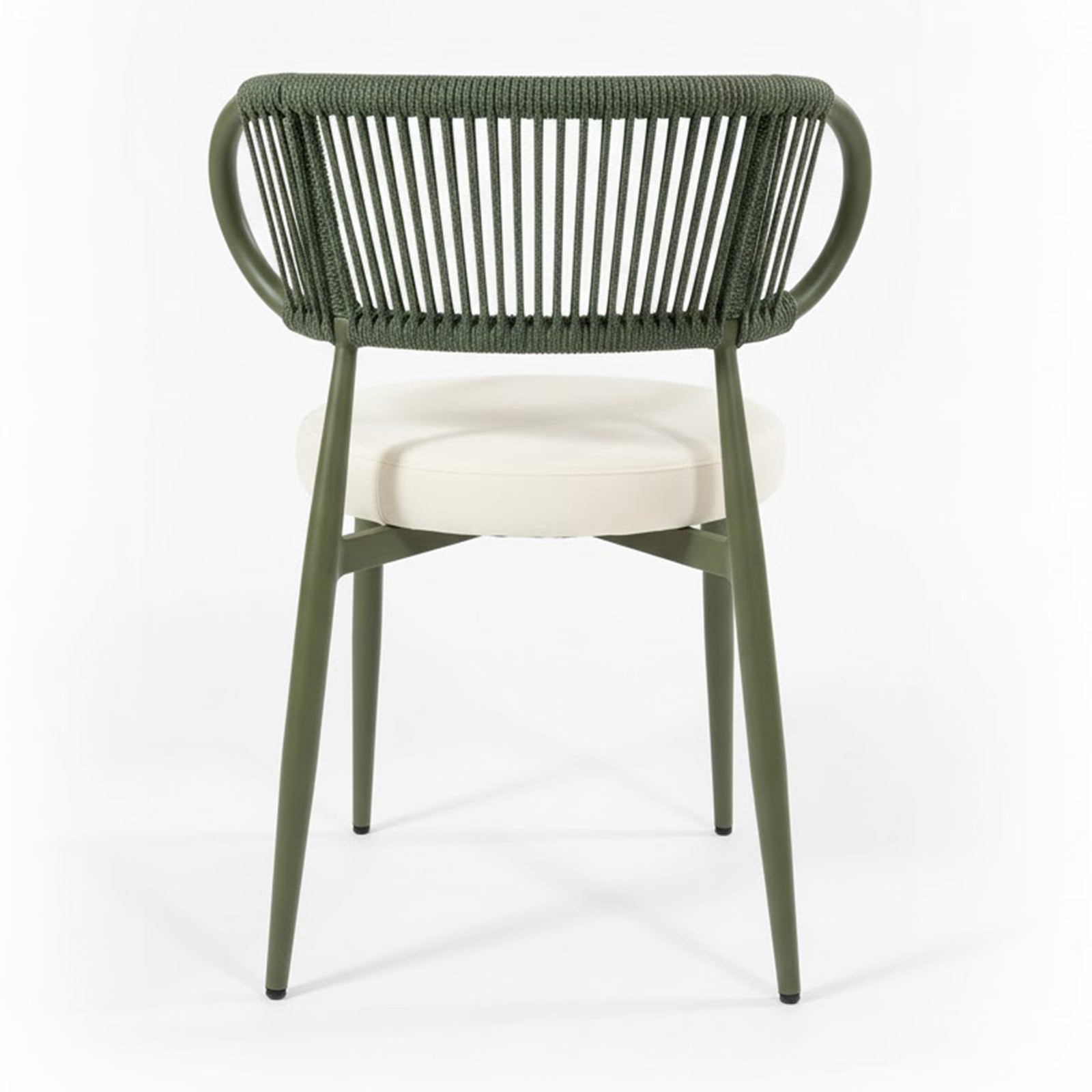 Cabria 9 Piece Sintered Stone Outdoor Dining Set in Green features an olive-green metal frame chair with a cream padded seat and curved backrest wrapped in matching green rope.