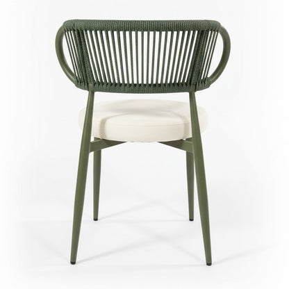 Cabria 9 Piece Sintered Stone Outdoor Dining Set in Green features an olive-green metal frame chair with a cream padded seat and curved backrest wrapped in matching green rope.