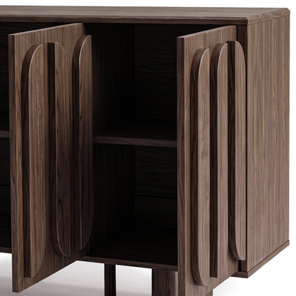 Dark wood cabinet with two doors slightly open on a white background.