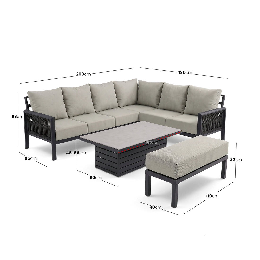 Outdoor sectional sofa set with dimensions shown