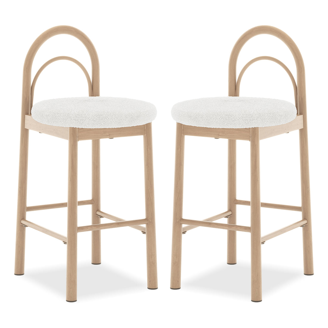 Two modern bar stools with light wood frames and white cushioned seats on a white background