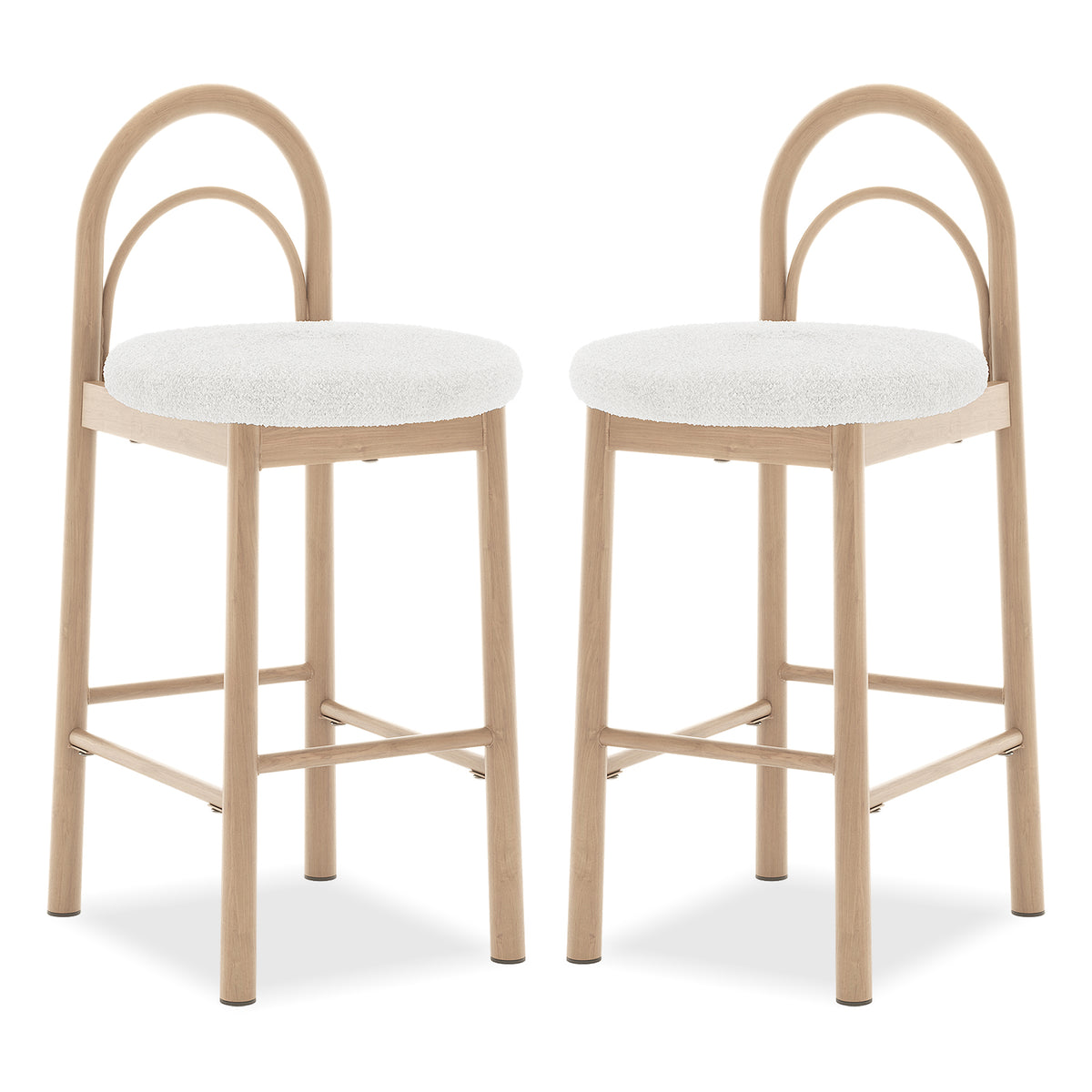 Two modern bar stools with light wood frames and white cushioned seats on a white background