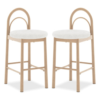 Two modern bar stools with light wood frames and white cushioned seats on a white background