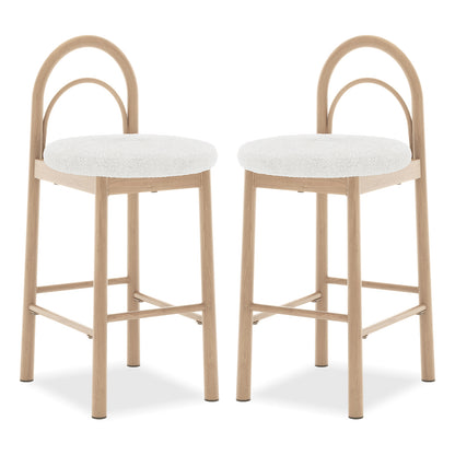 Two modern bar stools with light wood frames and white cushioned seats on a white background