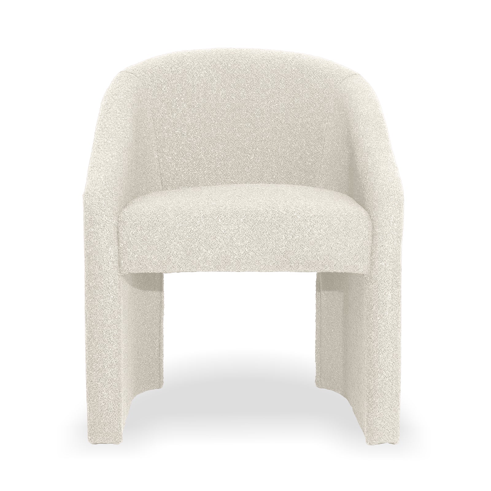 Nuve Bouclé Upholstered Accent Armchair in Cream White with a modern barrel-back design, featuring arched armrests, two broad skirt-like leg panels, and a soft boucle-style fabric.