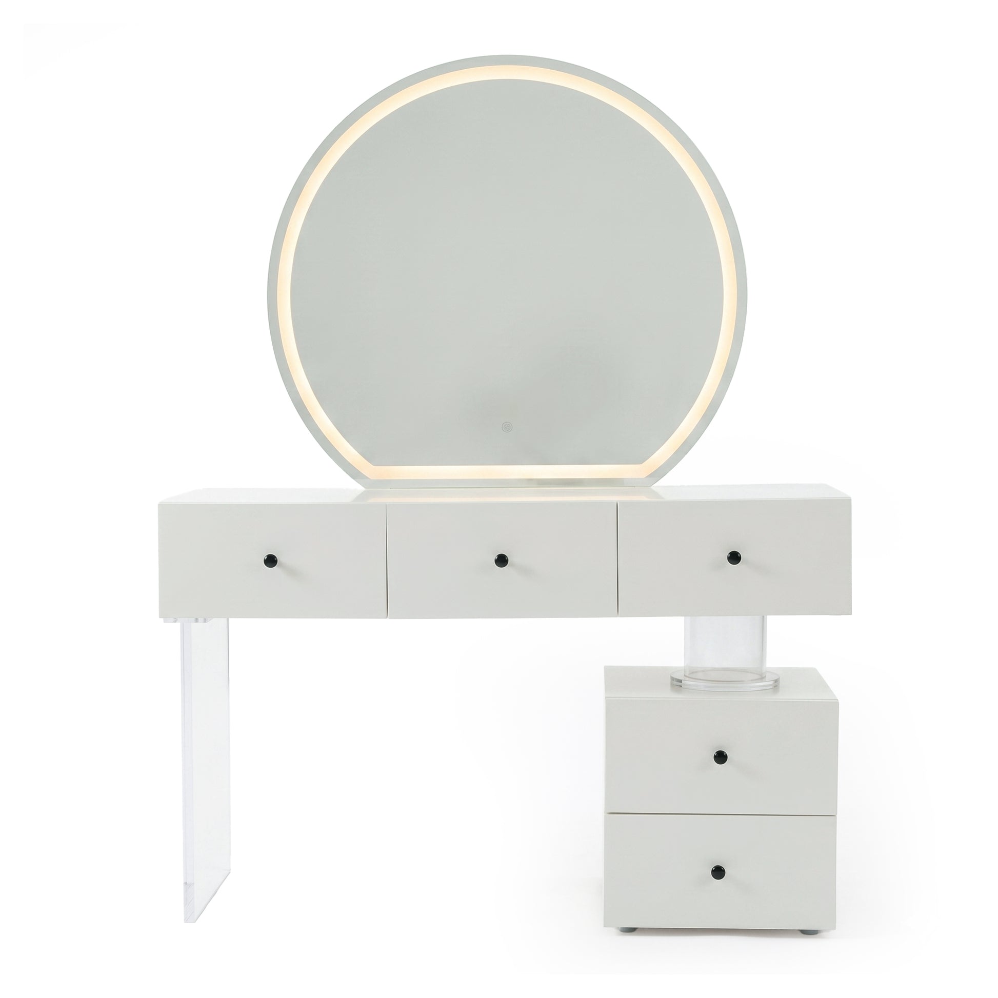 White vanity table with round LED-lit mirror on white background