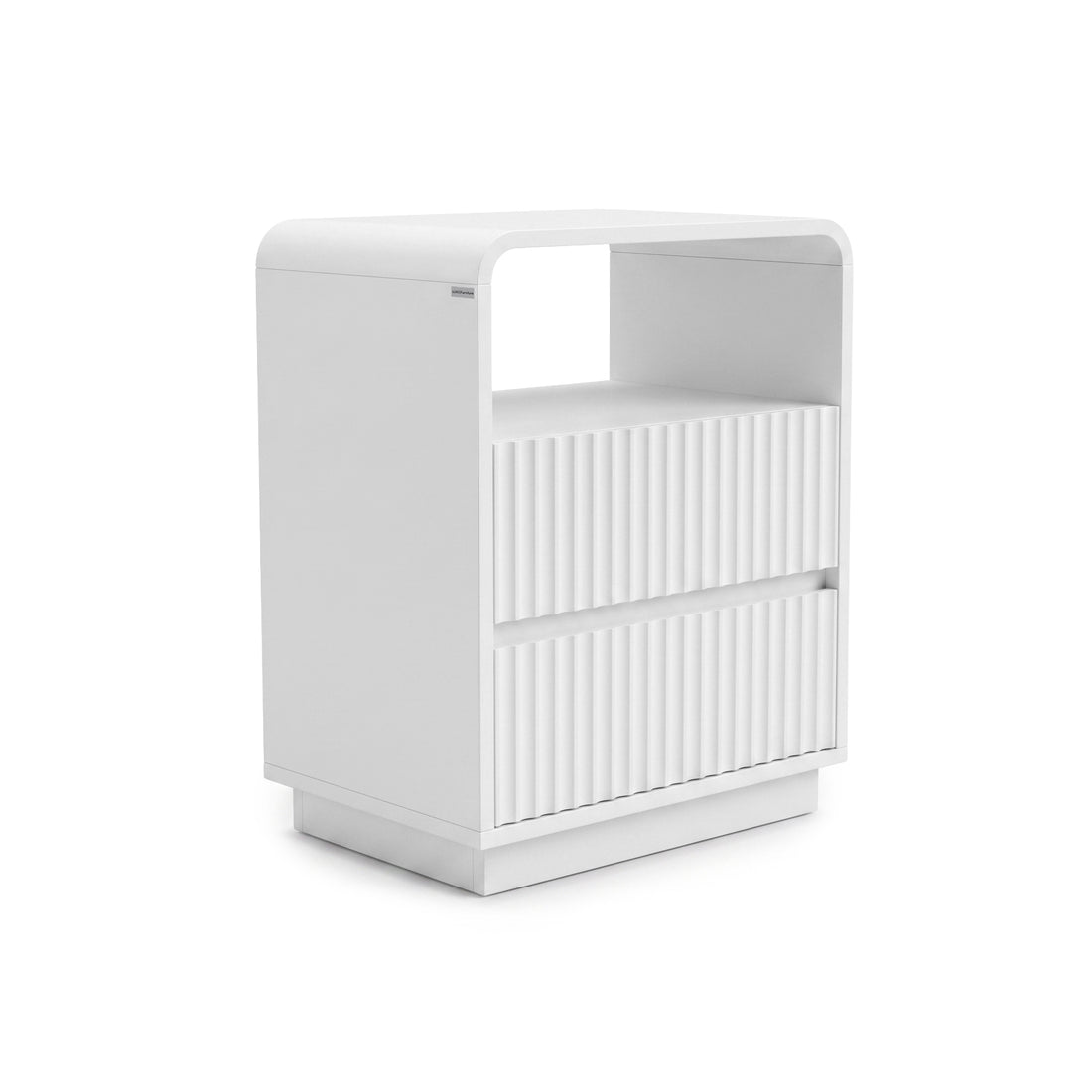Modern white nightstand on a white background with ribbed drawers and an open shelf.